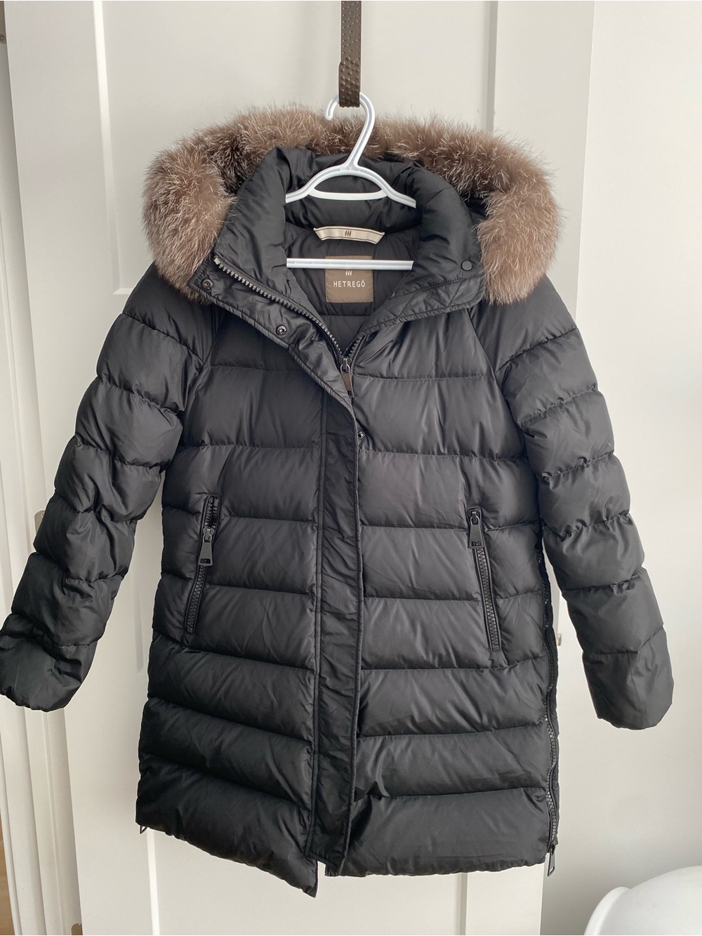 HETREGÓ Silver Fox Fur, Down & Feather Puffer Parka Jacket Coat, Medium, Italy